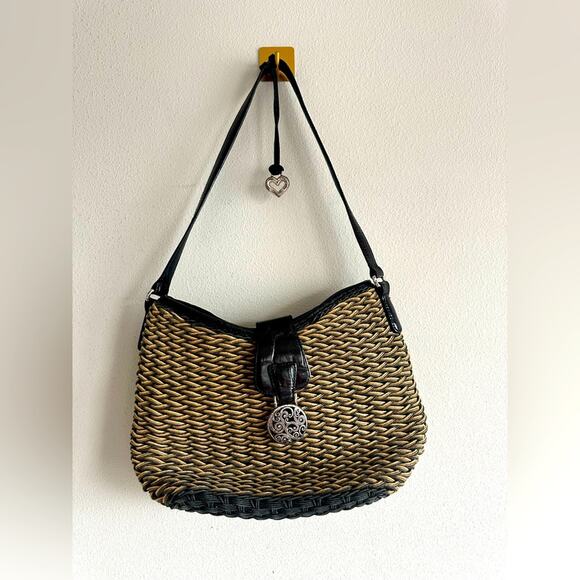 VTG Brighton Woven Straw Shoulder Bag Rattan Purse Silver Medallion Heart Charm - Picture 1 of 11